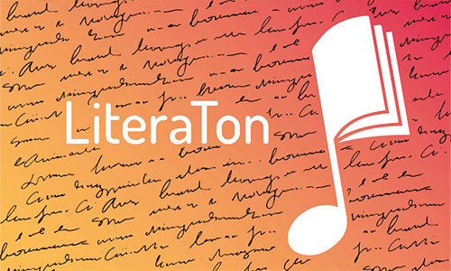 Logo der LiteraTon-Veranstaltung. Text "Literaton" auf rot-orangem Hintergrund, daneben Mischung aus Notenschlüssel und Buch